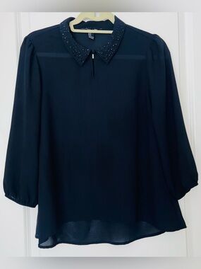 Forever 21 Embellished Collar Navy Blue Sheer Long Sleeve Blouse